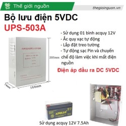 Bộ cấp nguồn lưu điện 5V 3A UPS-503A cho khóa, kiểm soát cửa, camera, modem, wifi