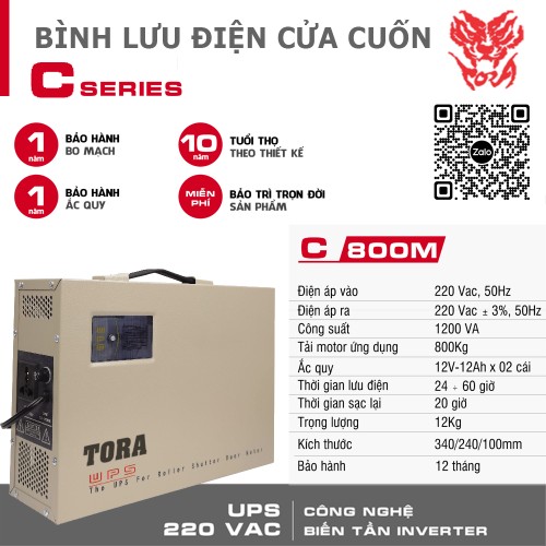 Bình lưu điện Tora C800M cho cửa cuốn tải Motor 800Kg, đại lý, phân phối,mua bán, lắp đặt giá rẻ