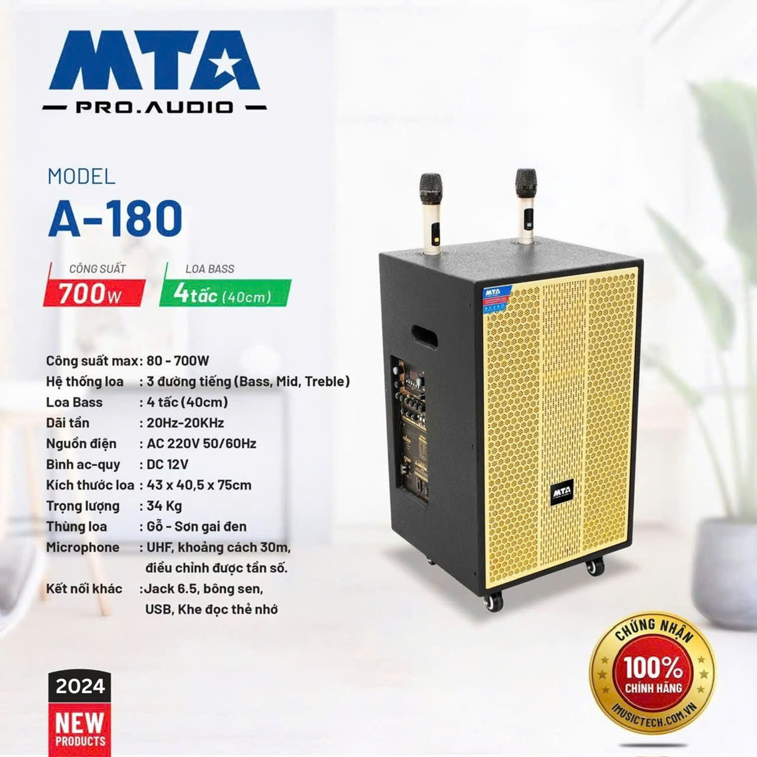 Loa kéo di động MTA A-180, Công suất 80w - 700w, Loa Bass 4 tấc (40cm)