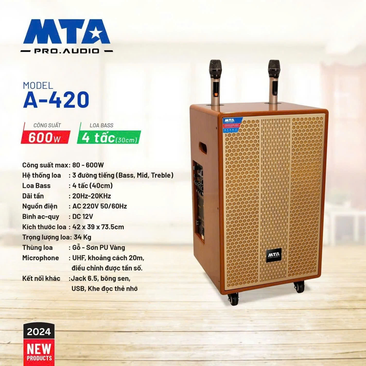 Loa kéo di động MTA A-420, Công suất 80w - 600w, Loa Bass 4 tấc (40cm)