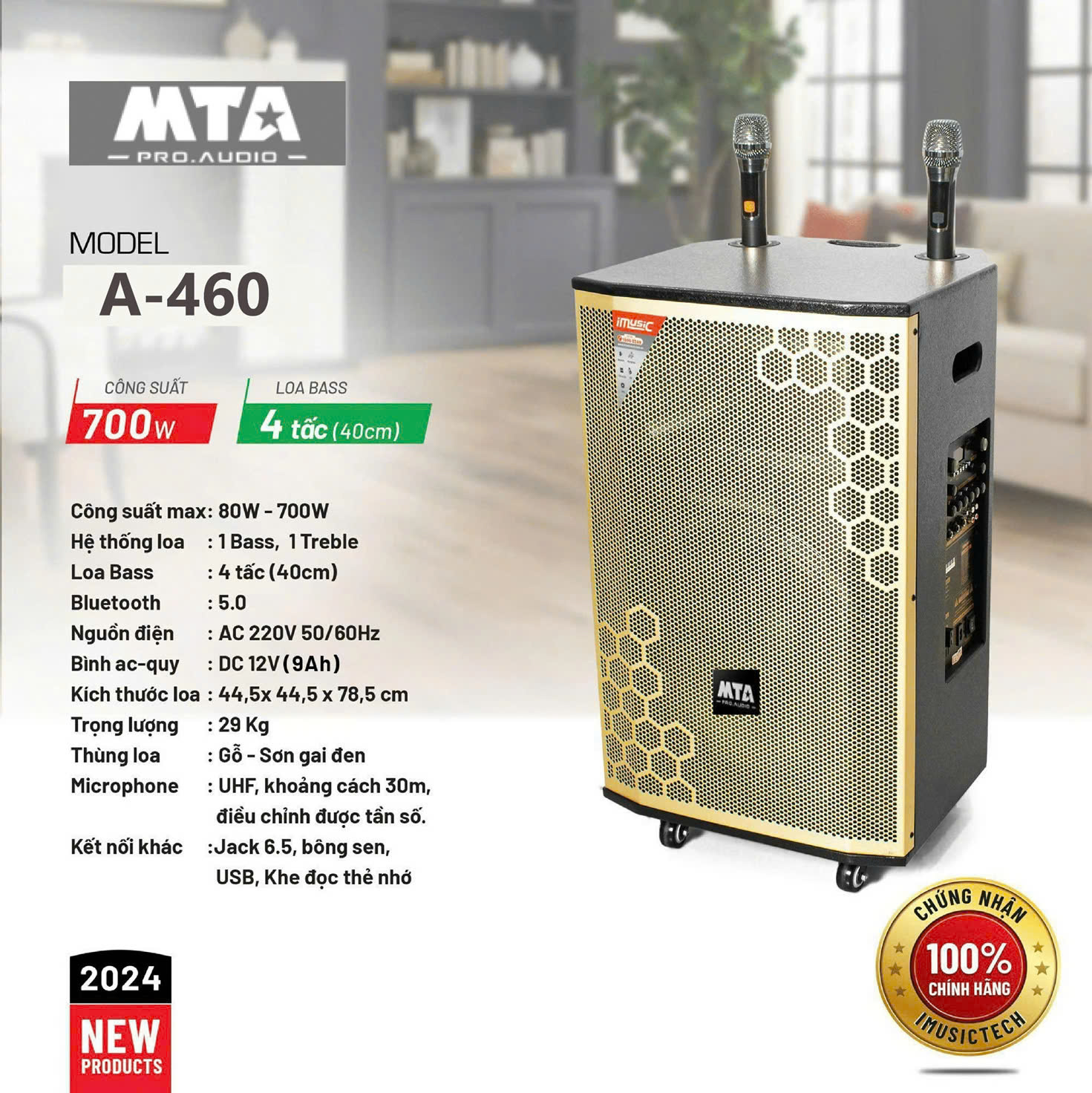 Loa kéo di động MTA A-460, Công suất 80w -700w, Loa Bass 4 tấc (40cm)