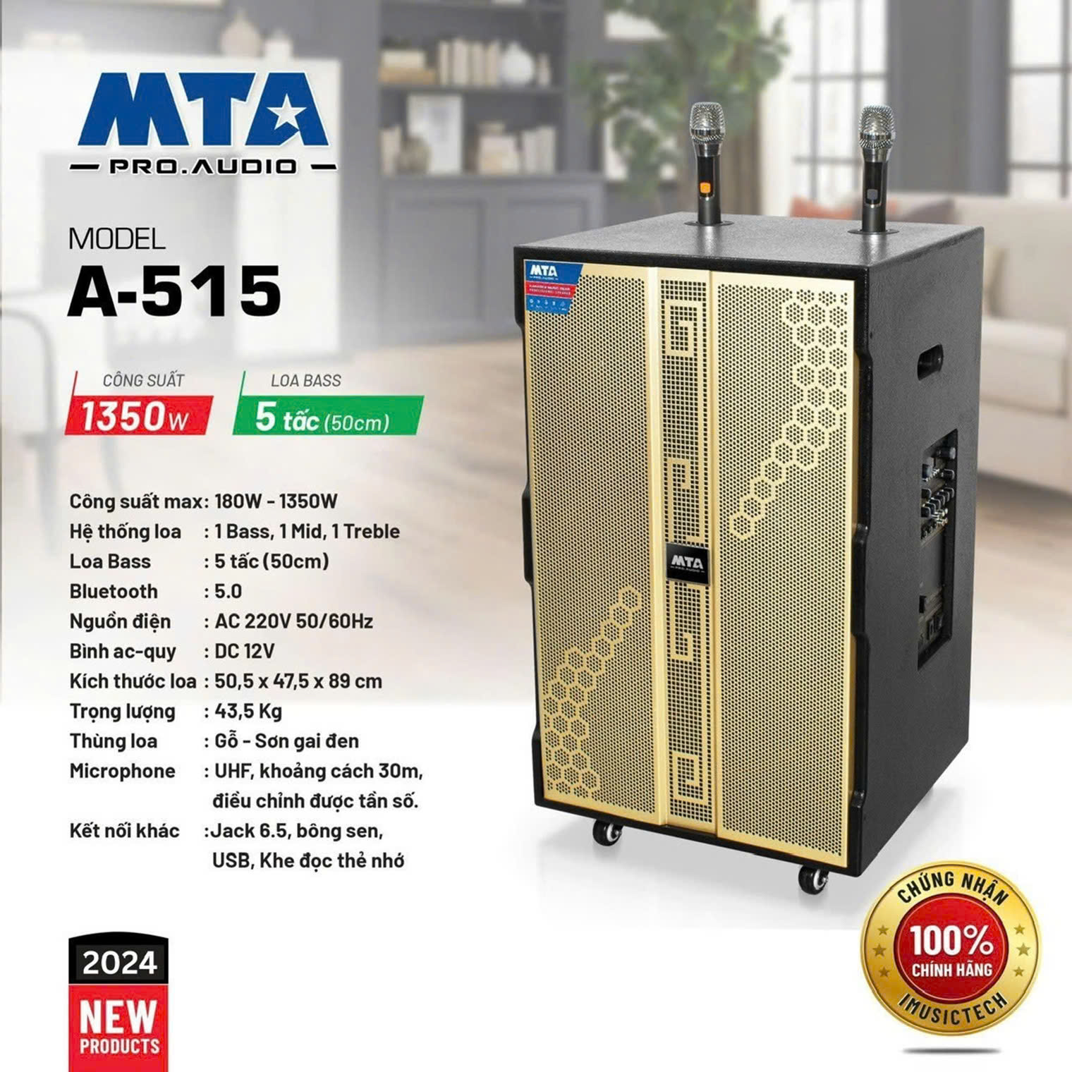 Loa kéo di động MTA A-515, Công suất 180w -1350w, Loa Bass 5 tấc (50cm)