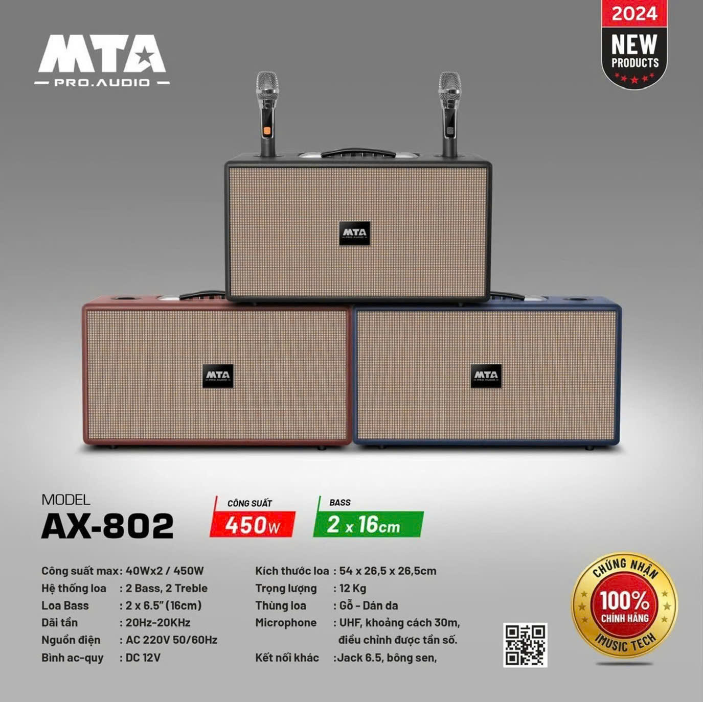 Loa xách tay AX-802, Công xuất max 40Wx2/450W, Loa Bass 2 x 16cm