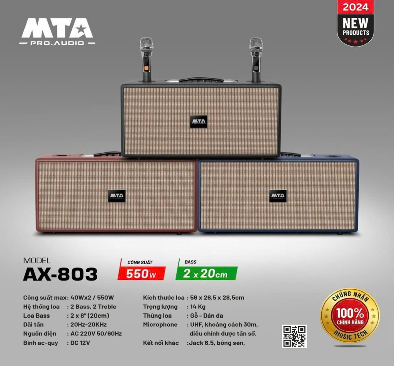 Loa xách tay AX-803, Công xuất max 40Wx2/550W, Loa Bass 2 x 20cm