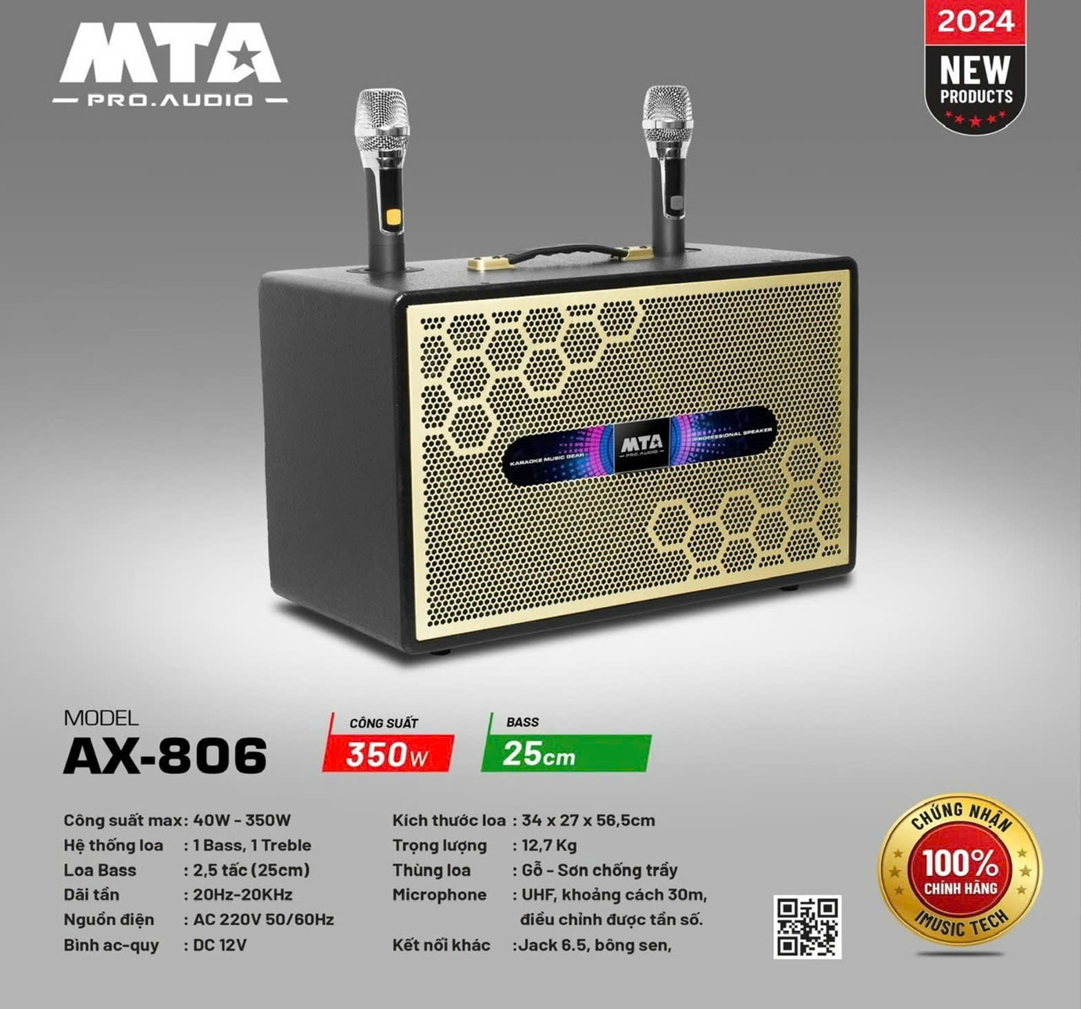 Loa xách tay AX-806, Công xuất max 40W - 350W, Loa Bass 2 x 25cm