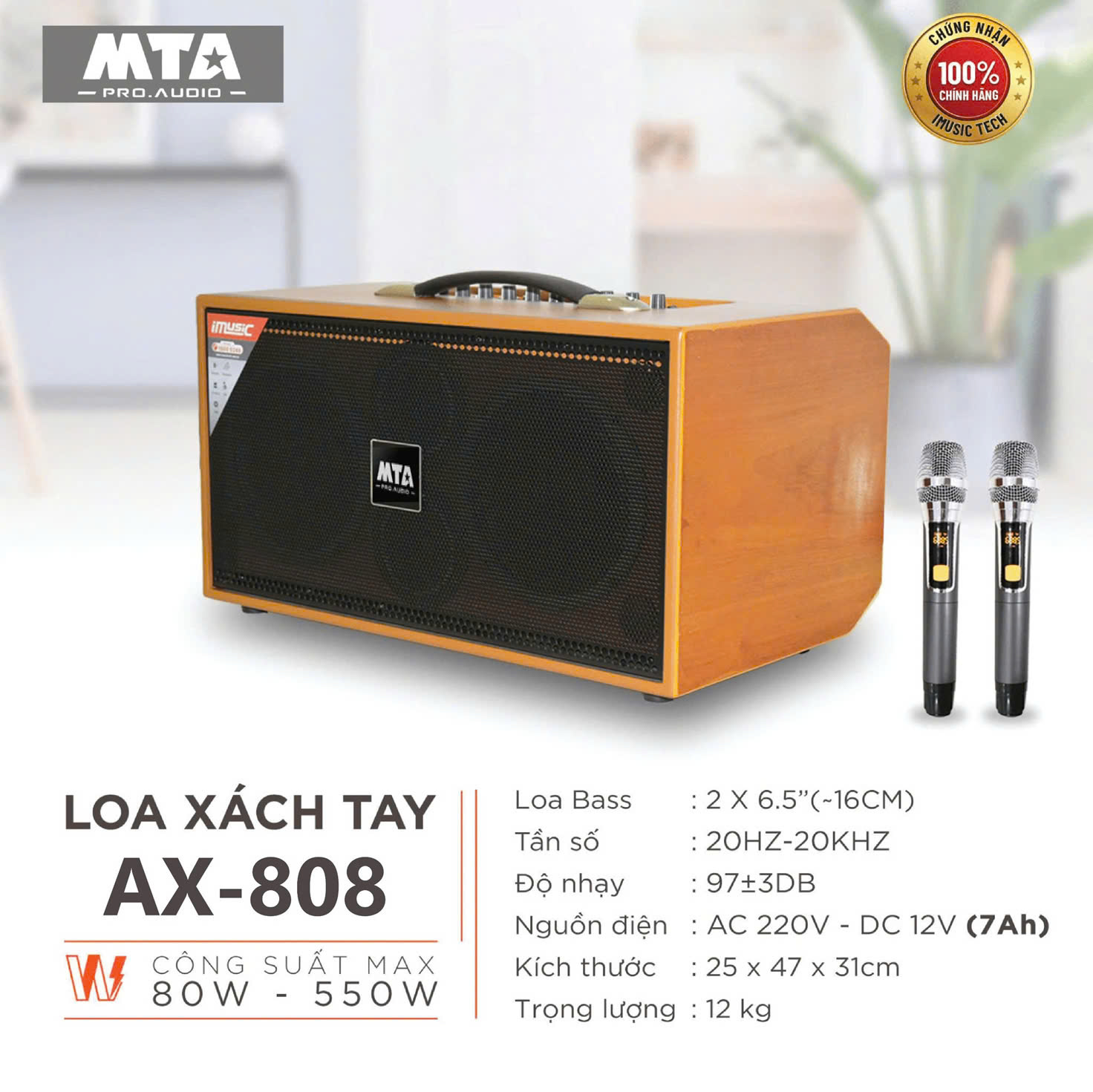 Loa xách tay AX-808, Công xuất max 80W - 550W, Loa Bass 2 x 16cm