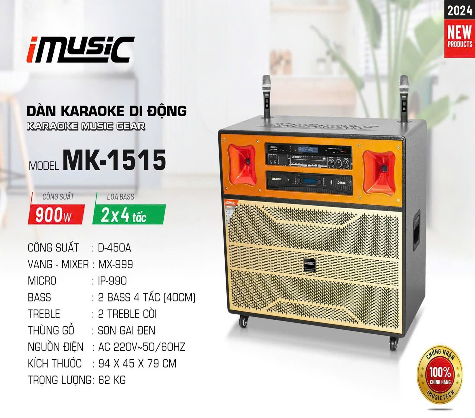 LOA KARAOKE DI ĐỘNG công suất 900w (D-450A), 2 Bass 4 tấc (40cm)