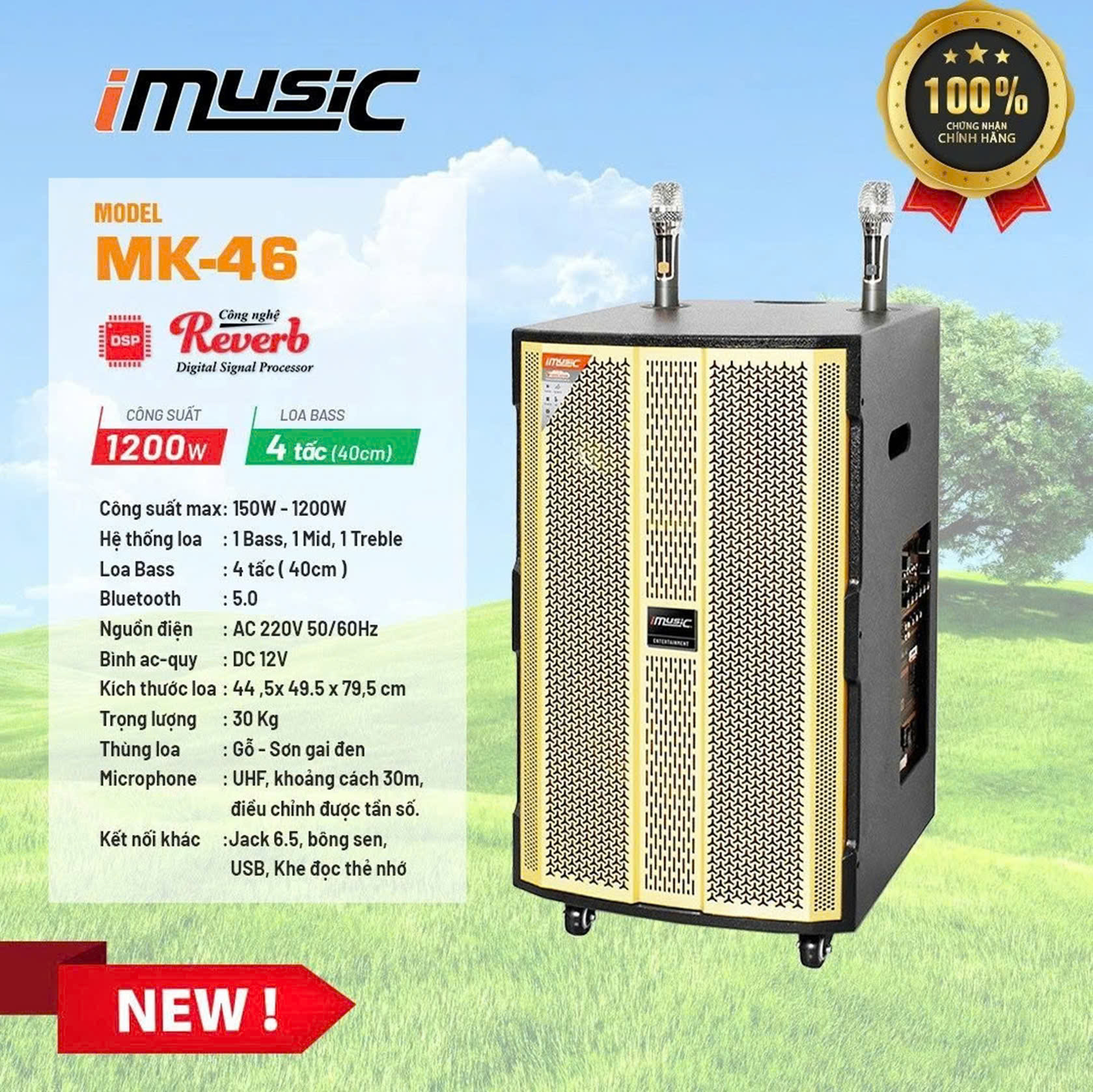 Loa kéo di động iMusic MK-46, Công suất 150w - 1.200w, Loa Bass 4 tấc (40cm)