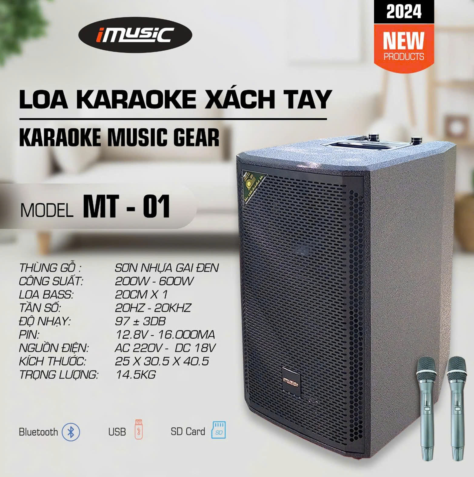 Loa xách tay MTA MT - 01, Công suất 200w - 600w, Loa Bass 20cm