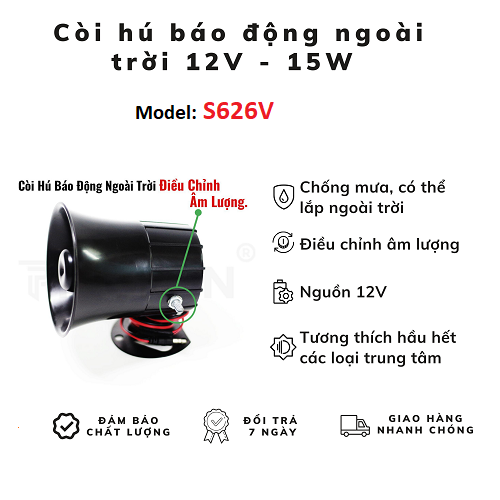 Còi hú báo động có dây S-626V điện 12V, điều chỉnh âm lượng