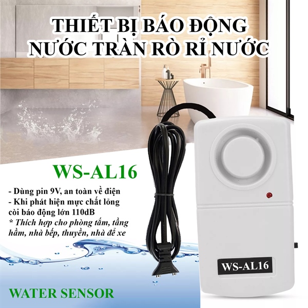 Thiết bị báo rò rỉ nước, báo tràn nước, ngập nước AL16 cho nhà bếp nhà tắm tầng hầm