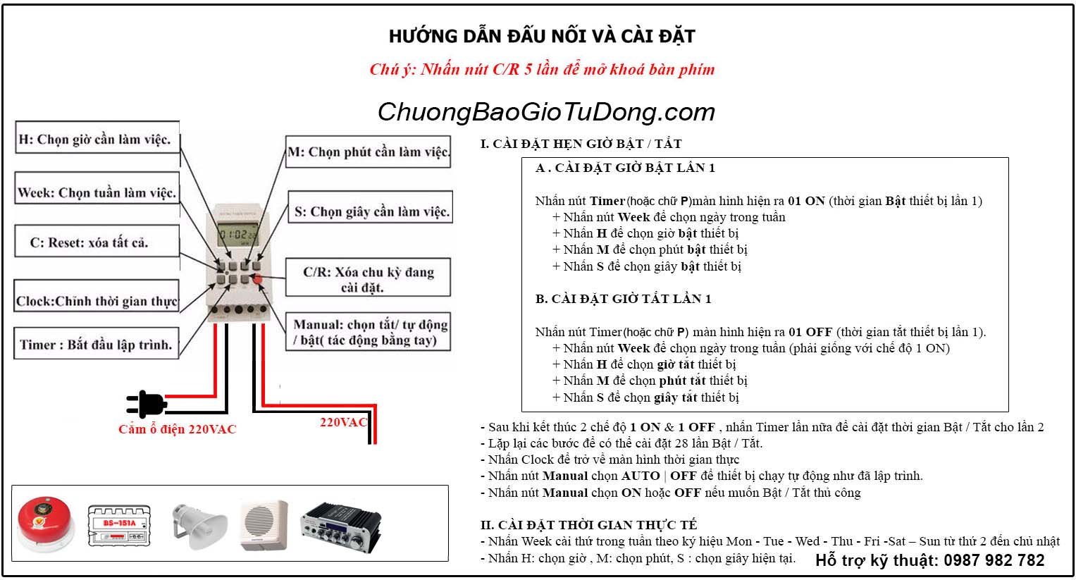 Hướng dẫn cài đặt bô báo giờ tự động KG-316S