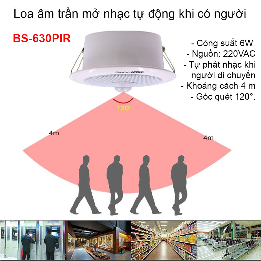 Loa âm trần mở nhạc tự động phát khi có người BS-630PIR/A, công suất 6W (thông báo, nhắc việc, thư viện, phòng khách, nhà vệ sinh, toilet, quảng cáo, siêu thị, thư giãn, giải trí)