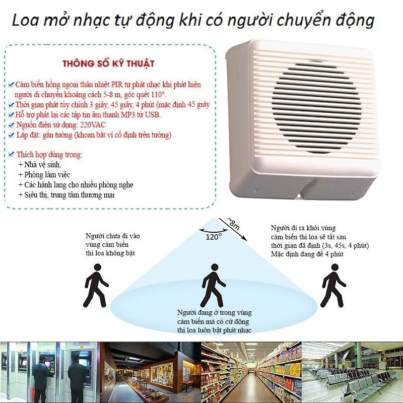 Loa mở nhạc tự động phát khi có người BS-633PIR V2, nhắc việc, quảng cáo, siêu thị, thư giãn, giải trí 