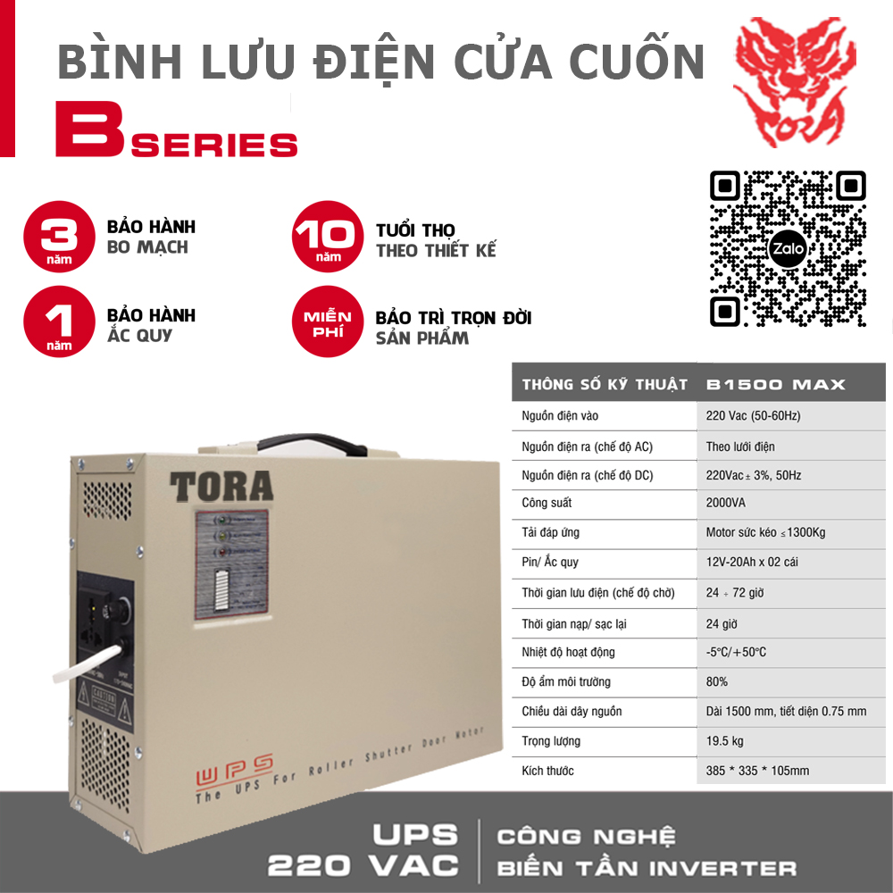 Bình lưu điện TORA B1500MAX cho cửa cuốn tải Motor 1500Kg