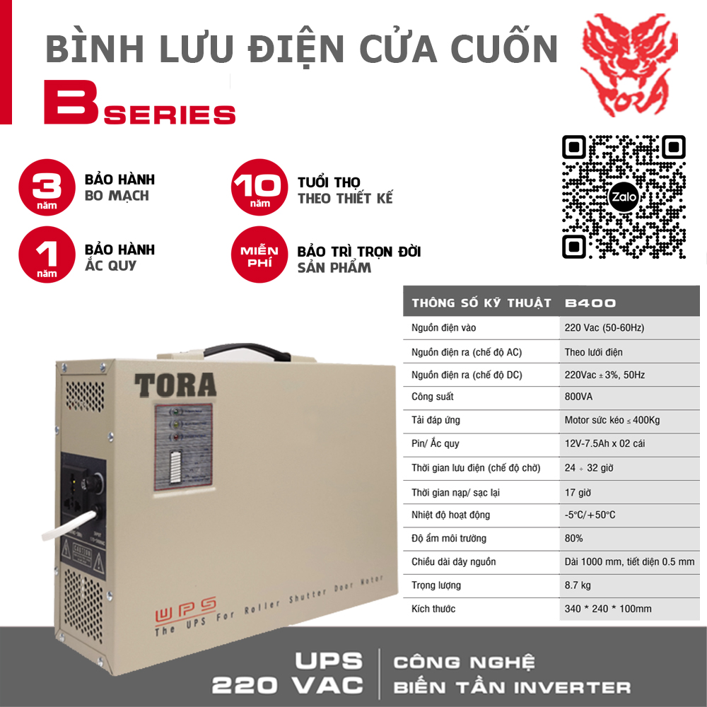 Bình lưu điện TORA B400 cho cửa cuốn tải Motor 400Kg