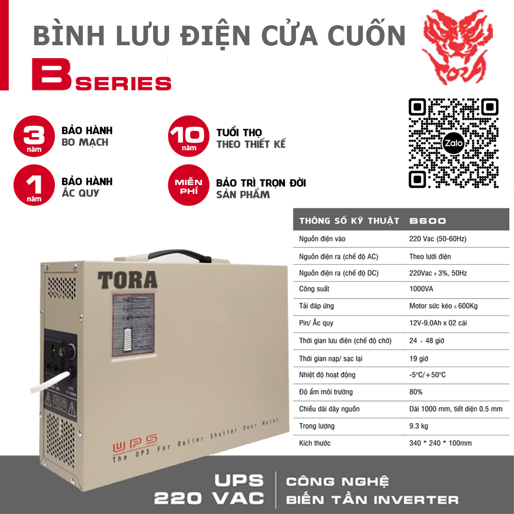 Bình lưu điện TORA B600-4B cho cửa cuốn tải Motor 600Kg