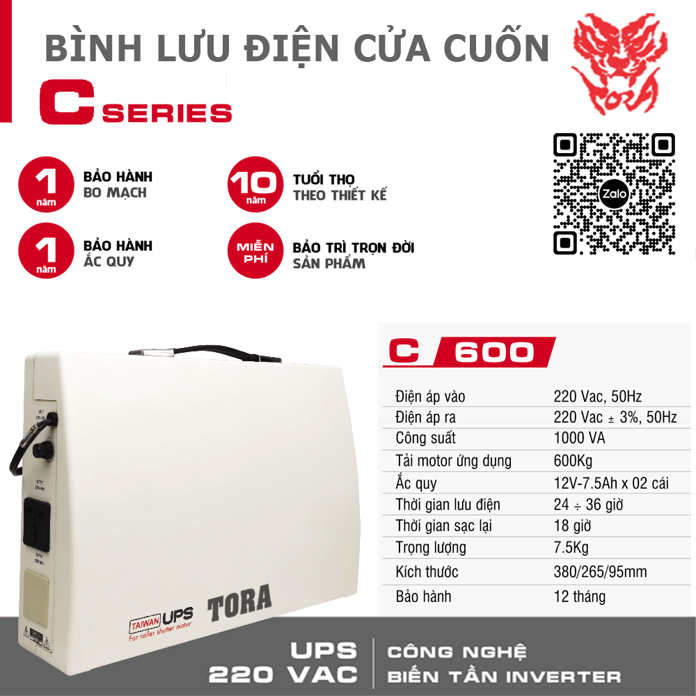 Bình lưu điện TORA C600 cho cửa cuốn tải Motor 600Kg