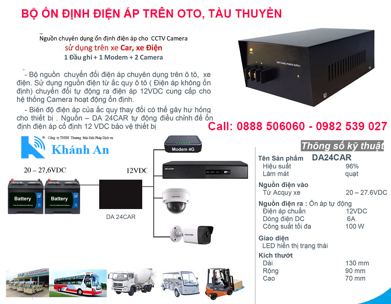 Thiết bị ổn định nguồn điện áp 24V DA24CAR cho thiết bị điện tử trên oto, xe khách, tàu thuyền