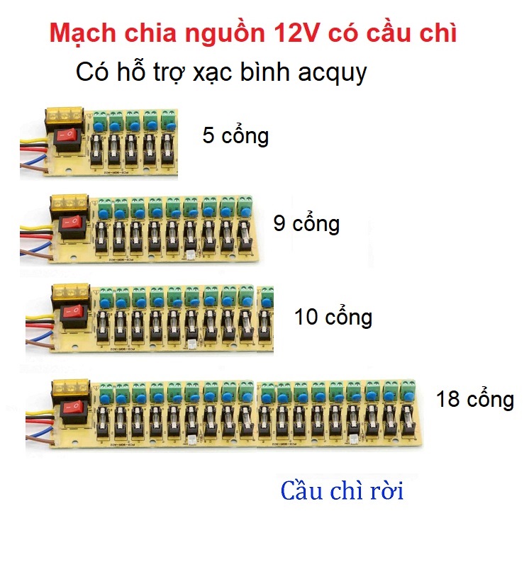 Mạch chia tải nguồn 18 cổng 12V có xạc bình acquy, cầu chì rời CN12V-18C