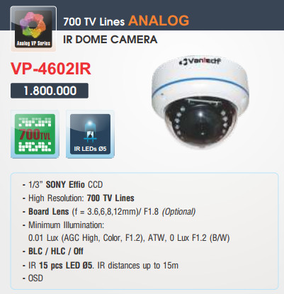 Camera Vantech Dome Analog VP-4602IR 700TVL