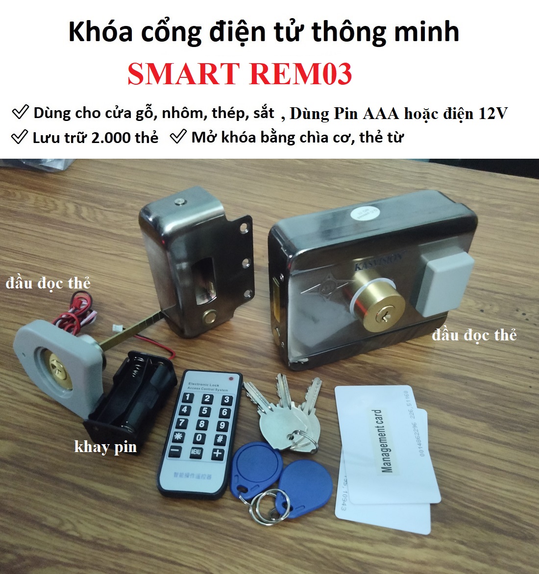 Khóa cổng điện tử thông minh dùng PIN SMART REM03, thẻ từ, chìa cơ