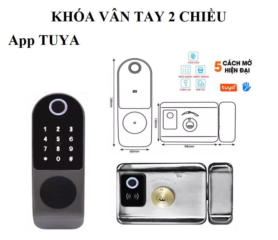 Khoá Vân Tay 2 chiều VR-1200F dùng App Tuya mở cửa bằng điện thoại, vân tay, mã số, thẻ từ và remote (tùy chọn)