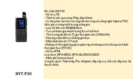 Máy bộ đàm cầm tay 4G POC Hytera HYT-P30 dùng SIM, không giới hạn khoảng cách, tận dụng hạ tầng mạng sẵn có