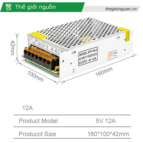 Nguồn tổng 5V 12A công suất 60W cho đèn led, camera, thiết bị điện tử