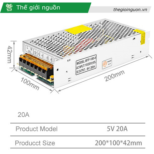 Nguồn tổng 5V 20A công suất 100W cho đèn led, camera, thiết bị điện tử