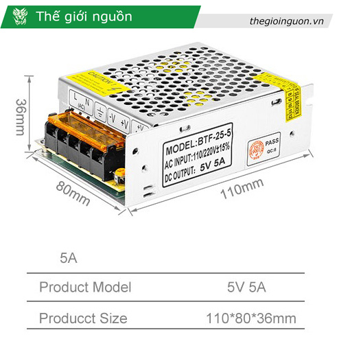 Nguồn tổng 5V 5A công suất 25W cho đèn led, camera, thiết bị điện tử