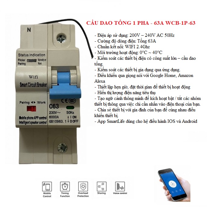 Cầu dao điện điều khiển từ xa WiFi 1 pha CANTEK WCB-1P-63