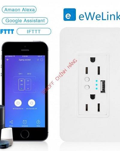 Công tắc WiFi thông minh 2 cổng, 2 USB EWELINK ESW2USB chuẩn US