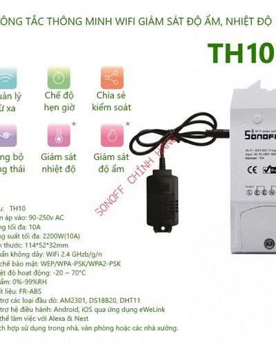 Công tắc WiFi thông minh hỗ trợ đo lường nhiệt độ, độ ẩm SONOFF TH16