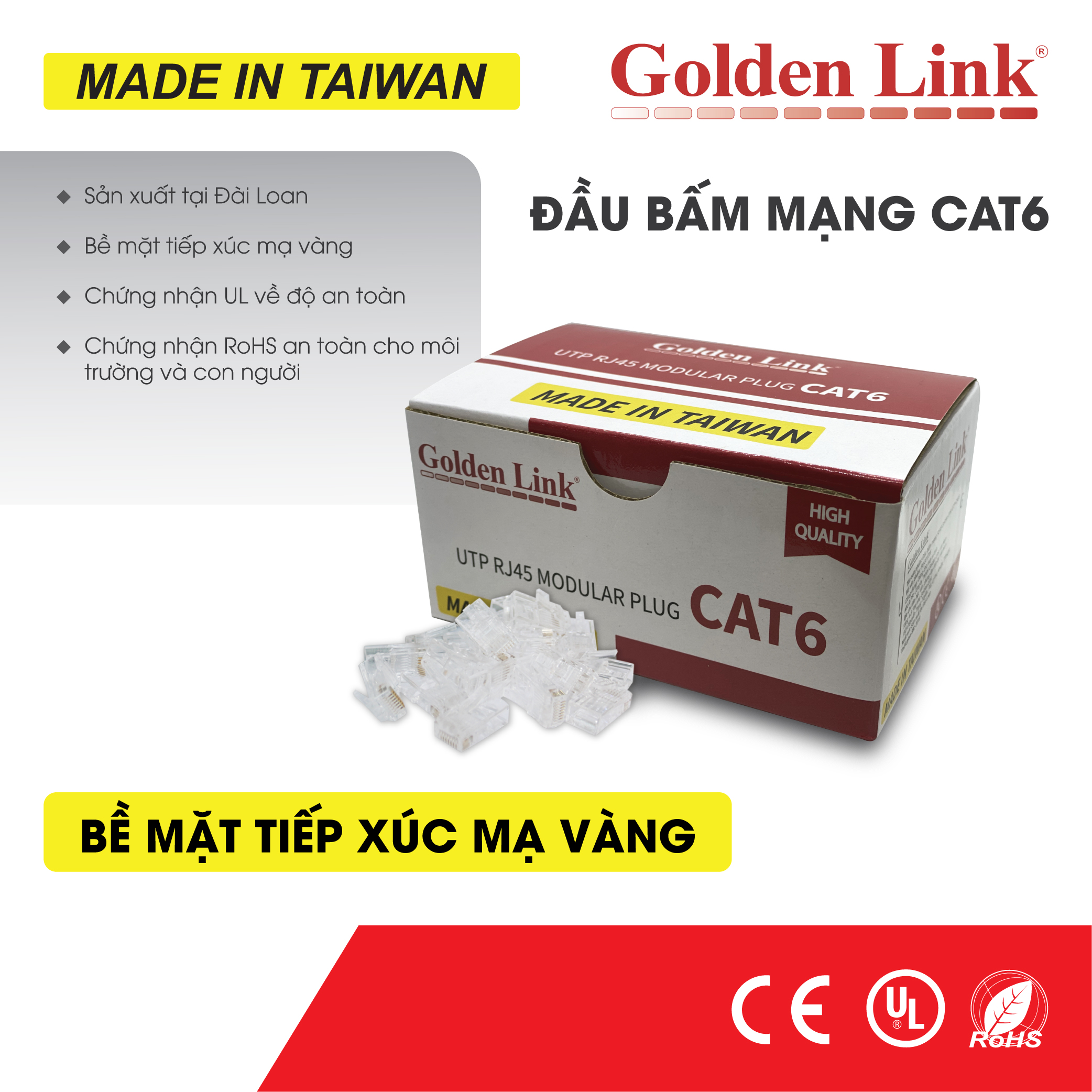 Đầu hạt bấm mạng UTP RJ45 CAT6 Golden Link (hộp 100 cái)