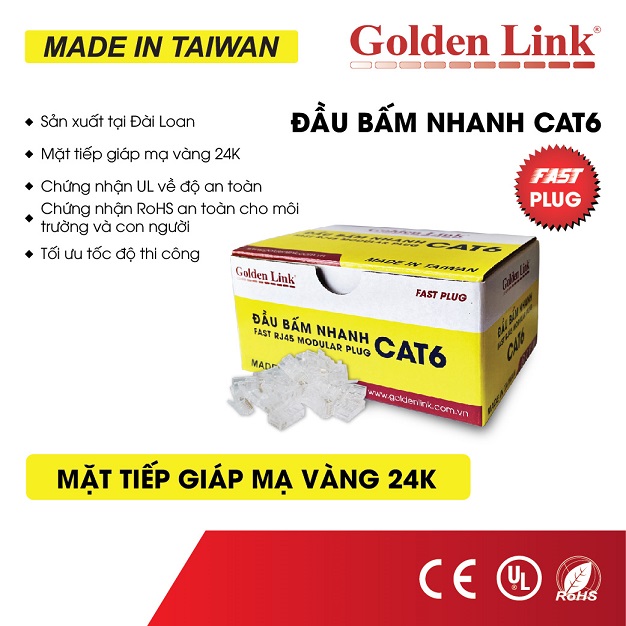 Đầu bấm mạng RJ45 CAT6 Golden Link GL-20056, xuyên thấu, mạ vàng 24K