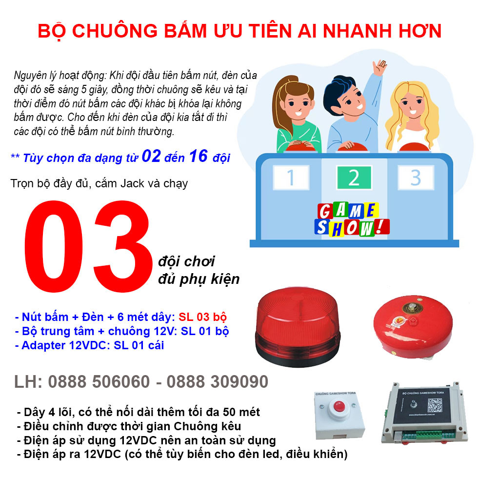 Bộ mạch chuông trò chơi GAMESHOW G3 (3 đội chơi), nút bấm ai nhanh hơn giành quyền trả lời