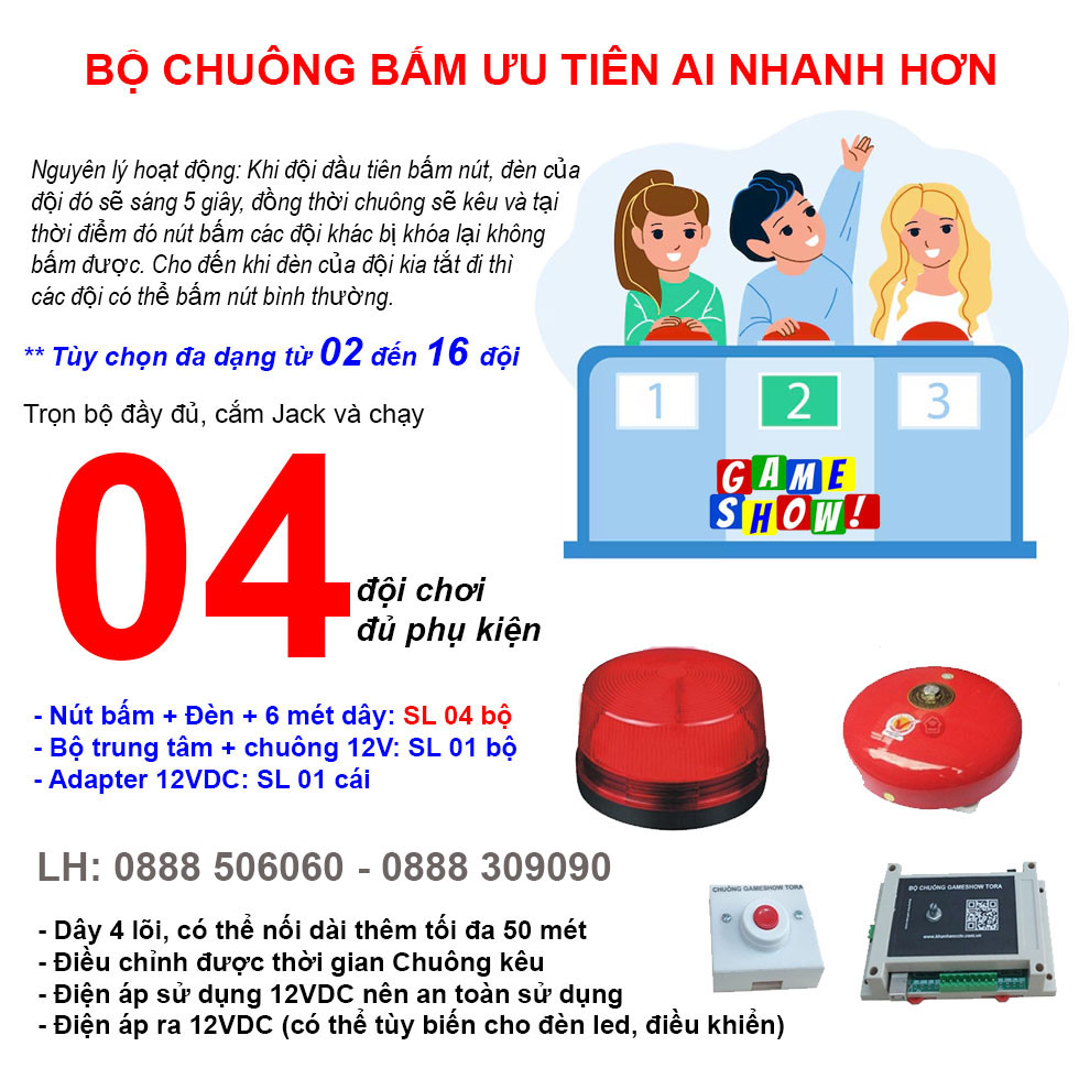 Bộ mạch chuông trò chơi GAMESHOW G4 (4 đội chơi), nút bấm ai nhanh hơn giành quyền trả lời