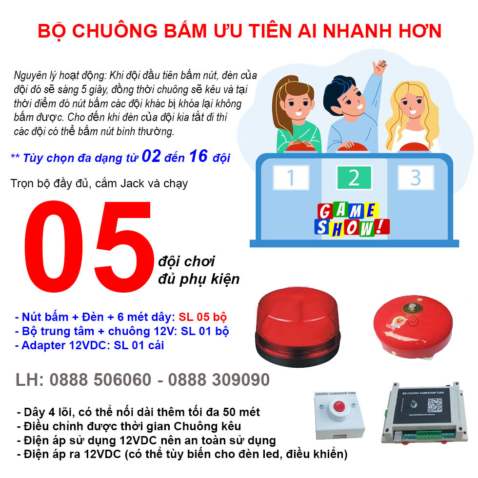 Bộ mạch chuông trò chơi GAMESHOW G5 (5 đội chơi), nút bấm ai nhanh hơn giành quyền trả lời