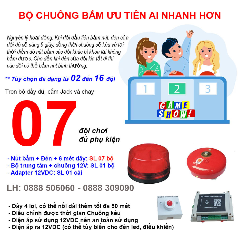 Bộ mạch chuông trò chơi GAMESHOW G7 (7 đội chơi), nút bấm ai nhanh hơn giành quyền trả lời