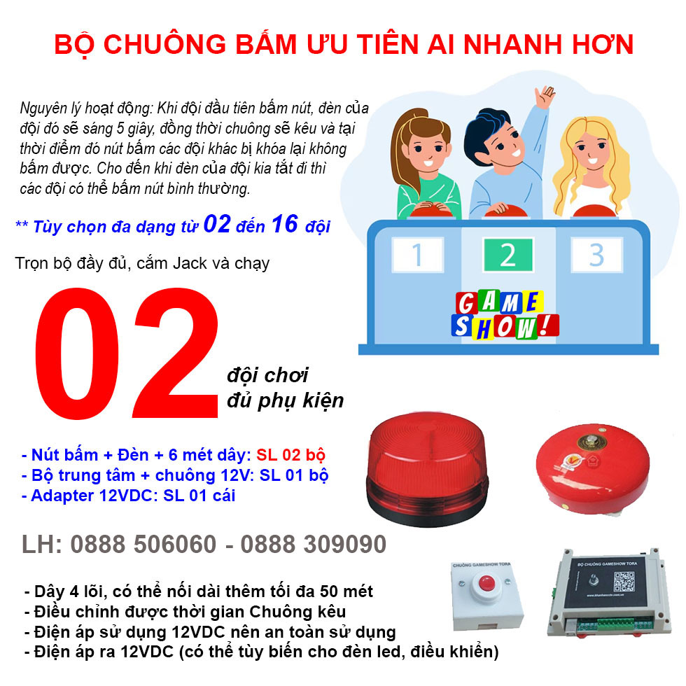 Bộ mạch chuông trò chơi GAMESHOW G2 (2 đội chơi), nút bấm ai nhanh hơn giành quyền trả lời